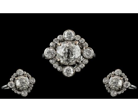 Edwardian Period 1902 - 1910 Stunning 18ct White Gold Diamond Set Cluster Ring. Beautiful Design, The Central Large Cushion C