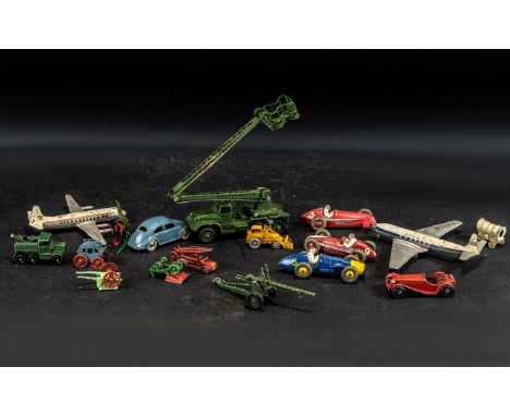 Collection of Sixteen Diecast Model Cars and Planes comprising Dinky Comet and Viscount  planes, two green army trucks, army 