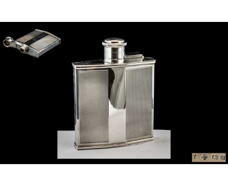 Art Deco Period Excellent Quality Sterling Silver Pocket Size Hip Flask with Engine Turned Decoration and Hinged Cover, Wonde