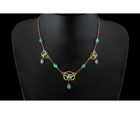 Liberty Type Antique 15ct Gold Art Nouveau Turquoise Clad Necklace in the Celtic Revival style popular at the time, the caboc