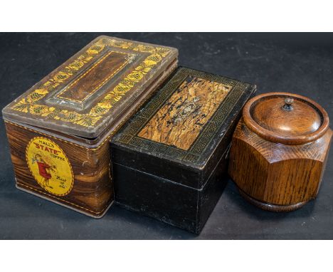 Wooden Tea Caddy, complete with liner and scoop, octagonal shape with lid, together with wooden box with patterned lid and br