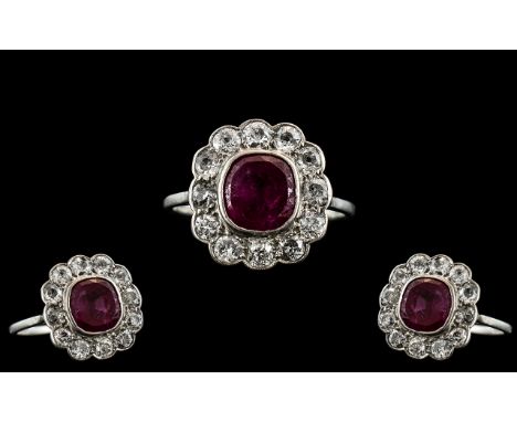 Antique Period - Attractive 18ct White Gold Ruby and Diamond Set Cluster Ring, The Central Natural Ruby of Excellent Colour, 