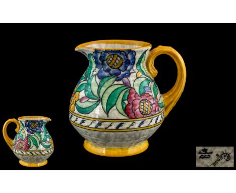 Charlotte Rhead Signed Crown Ducal Hand Painted Jug. Excellent Pattern with Strong Enamel Colours. c.1950. Height 6.25 Inches