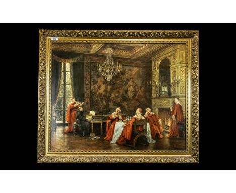 Oleograph After Frank Moss Bennett depicting Cardinals feasting and drinking in a room setting; in a gilt frame, 29 inches (7