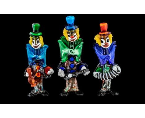 Collection of Three Vintage Murano Glass Clowns, 12" tall, one playing a guitar, one playing an accordion, and one holding a 