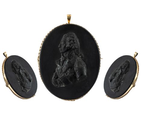 George III - Large and Fine Quality Carved Black Basalt Portrait Cameo / Plaque Brooch, Mounted Within a 9ct Gold Ornate Moun