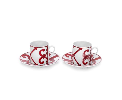 Hermès: Two Sets of 'Balcon du Guadalquivir' Coffee Cups and Saucersc.2022Red ironwork inspired design against white ground (