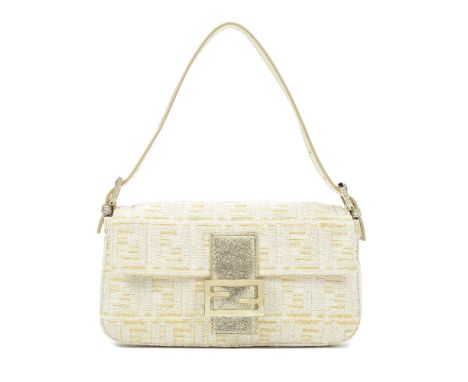 Fendi: a White and Gold Zucca Baguette2000sMetallic gold textured Zucca print on white and gold canvas ground, gold leather t