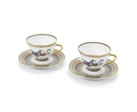 Hermès: a Set of Two 'Cheval d'Orient' Tea Cups and Saucersc.2022Hand painted with 24k gold accents (4)Condition Grade A+Cup 