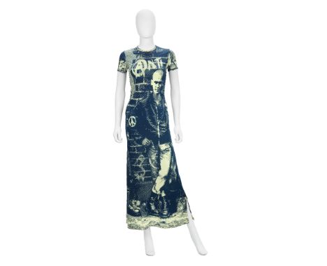 Jean Paul Gaultier: a 'Fight Racism' Maxi DressAutumn/Winter 1997Light yellow and navy nylon with skinhead 'fight racism' pri