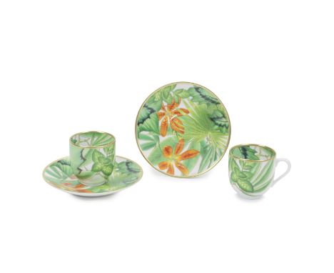 Hermès: a Set of Two Passifolia Coffee Cups and Saucersc.2023Green foliate design with gold rim (4)Condition Grade A+Cup 5.8c