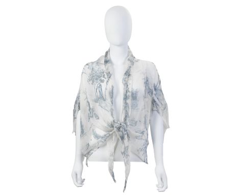 Hermès: a White and Teal Printed Chiffon Blouse2000sWaterfall front printed with scenes of chic Parisian womenCondition Grade