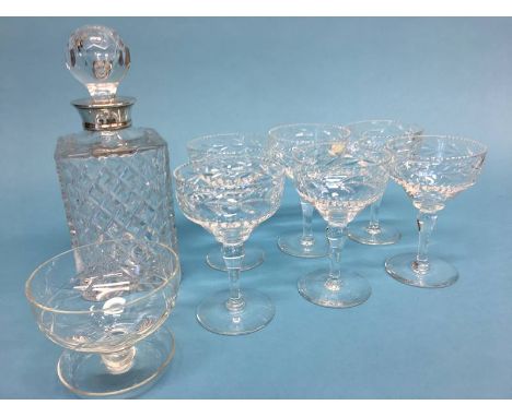 A silver mounted square Whiskey decanter, a set of six cocktail glasses and six sundae dishes