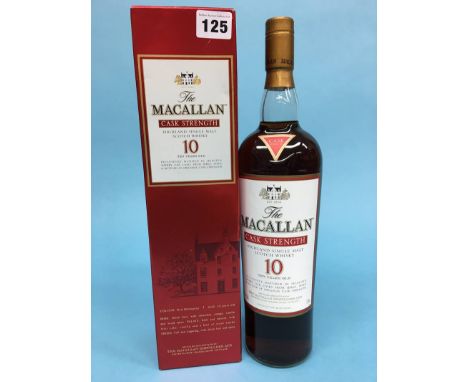 A bottle of The Macallan Cask Strength Highland Single Malt Scotch Whisley 10 Year Old, 1 litre, 58.6 %