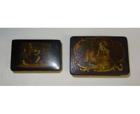 A Victorian papier mache Snuff Box with decorated hinged cover and a papier mache pin box.  