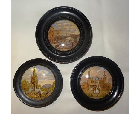 A framed Prattware pot lid of the Albert Memorial another Holborn Viaduct and another Paris Exhibition 1878. 