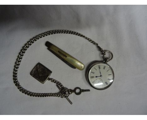 An open face Pocket Watch and chain, silver stamp box and a silver bladed and mother of pearl fruit knife. 