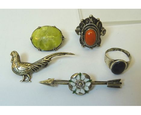 A Thai silver pheasant Brooch, silver and enamel white rose brooch and other items. 