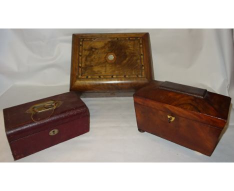 A Victorian figured walnut and herring banded Sewing Box, a mahogany sarcophagus shaped tea caddy and a leather jewellery box