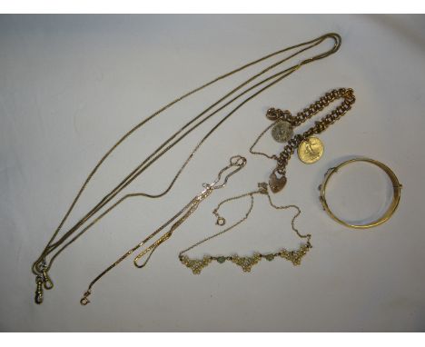 A 9ct. gold fine link Neckchain, a rolled gold bangle, curb link bracelet and other items.