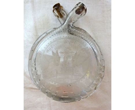 A glass double necked Pilgrim Flask etched with ferns, donkeys etc. and inscribed 'B.J. Clay, 1893'.