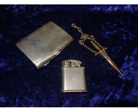 An engine turned silver Cigarette Case, Birmingham, 1930, a 1930's Colibri lighter and a pair of scissors in the form of a Di