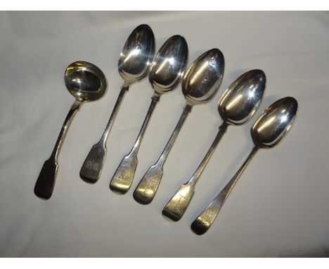 A pair of George IV silver fiddle pattern Tablespoons engraved with a coat of arms, London, 1826, maker Richard Evans, anothe