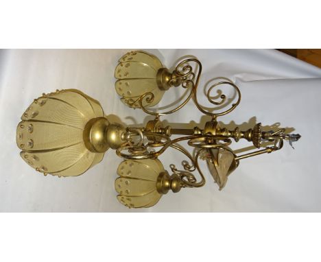 A Vintage brass three branch Ceiling Light hung with mesh shades inset with reflective glass panels and one other glass light