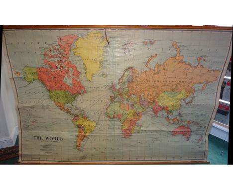 A large Map of the World by W Johnston Ltd. on a roller, 6' 3" (190cms) wide, a Philips roller map of Lancashire & Yorkshire 