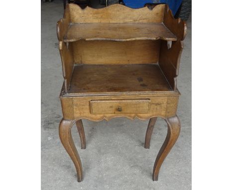 A 19th Century oak Bedside Table with 3/4 gallery, open shelf and single small drawer on cabriole supports. 16" (41cms) wide.