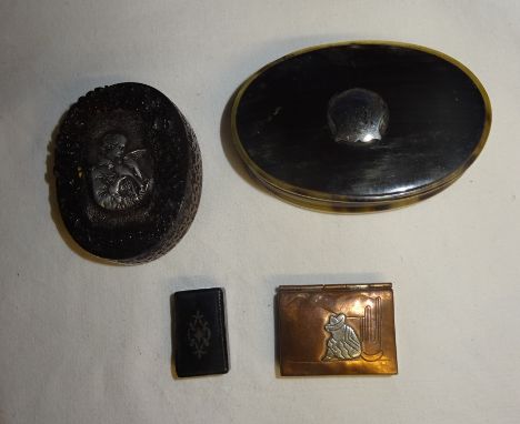 An oval horn Snuff Box with silvered metal cartouche and three other snuff boxes.  
