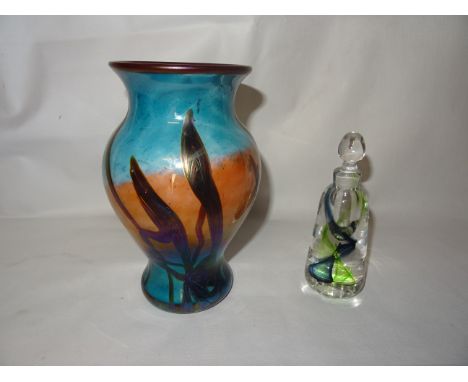 Jean-Pierre Mateus; a glass baluster Vase with iridescent decoration in blue and pink etc.  8" (20cms) high, and a glass scen