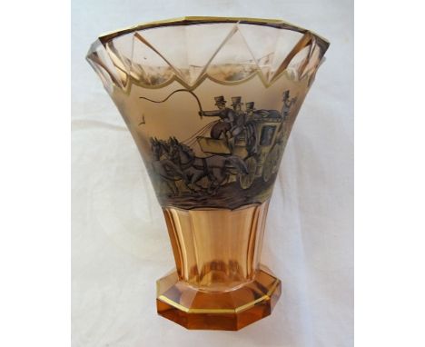 A Bohemian glass Vase of tapering design decorated in enamel and gilt with a coaching a scene, signed 'Berndt'.     5" (13cms