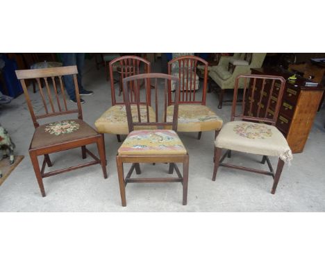 A pair of Georgian design mahogany frame Dining Chairs with rail backs, tapestry covered seats, square tapering supports and 
