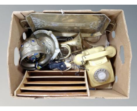 A box of serving tray, telephone, bugle, correspondence rack etc 