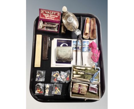 A Valet safety razor together with Colibri lighter, cased cheroot, silver plated cigarette case, Robertson's pins etc 