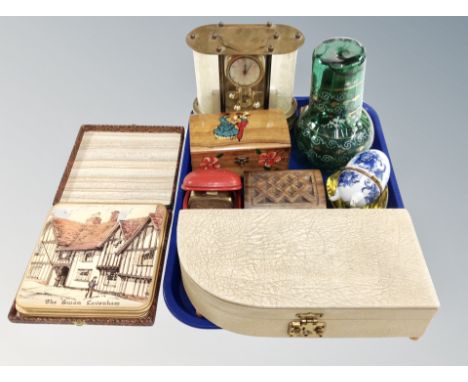 A tray of jewellery box, boxed coasters, glass ware, Smiths travel clock, two mantel clocks