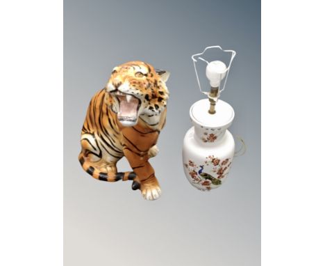 A ceramic figure of a tiger, height 59 cm together with an oriental style table lamp 