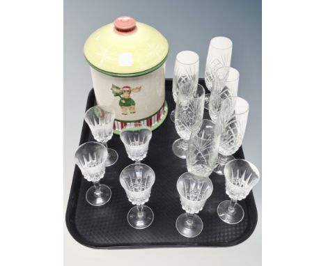 A Villeroy and Boch Christmas ceramic biscuit barrel and twelve assorted crystal glasses 