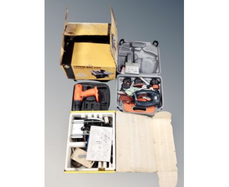 A group of tools, boxed 180 mm wet saw, drill (no battery), plunging router set etc 