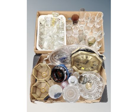 Two boxes of assorted glasses and vases, silver plated serving tray, Metamec mantel clock 