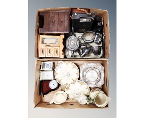 Two boxes of silver plated wares, tea set, pair of Soviet binoculars, contemporary mantel clocks, two collector's chests, din