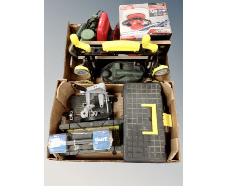 Two boxes of power tools, electric polisher, adjustable work bench, craft nail gun 