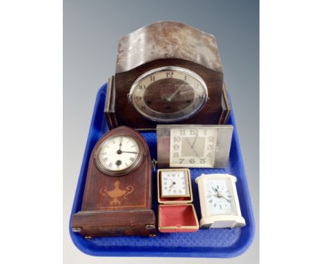 An Art Deco oak eight day mantel clock and four further mantel clocks 