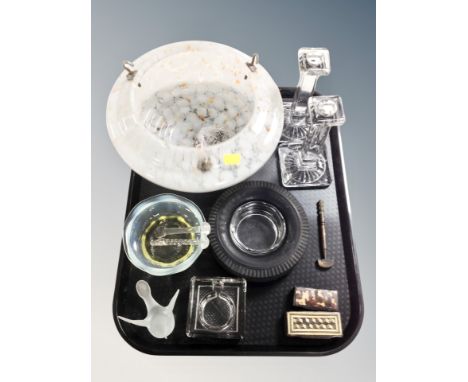 An Art Deco marble and glass light shade together with Swedish frosted glass bird ornaments, Ashtray, two snuff boxes, pair o