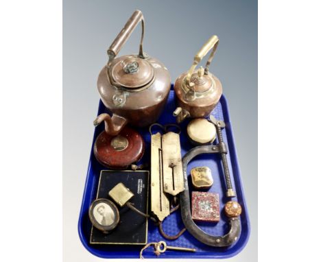 Two Victorian copper kettles, two Salter's balance scales, Rabone tape measure, vintage tin, vice etc 