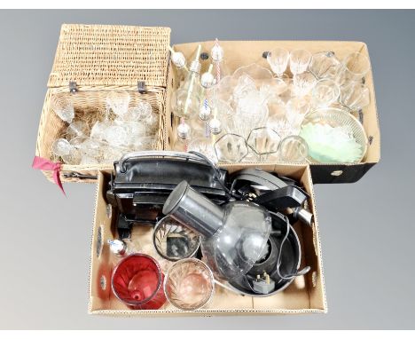 Two boxes and wicker hamper containing assorted kitchen mixer, griller etc 