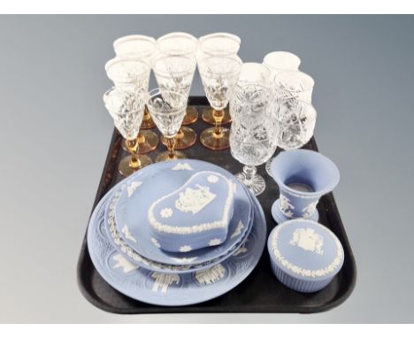 A set of six Webb Corbett lead crystal rummers, eight further two-tone wine glasses and six pieces of Wedgwood blue and white