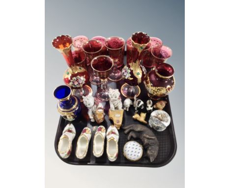 A group of gilt ruby glass ware, drinking glasses, pair of vases, Royal Albert porcelain shoes, Del Prado pill box, cat ornam