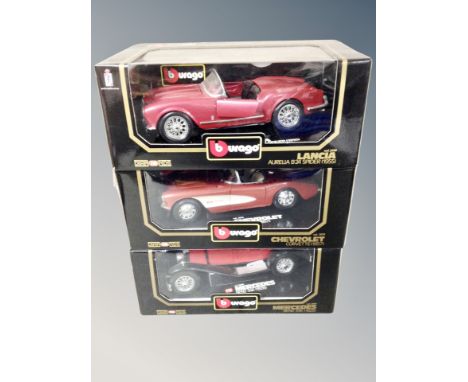 Three boxed Burago die cast vehicles 1/18 scale -Lancier Auralia B24 Spider, Chevrolet Corvette and Mercedes Benz SSk